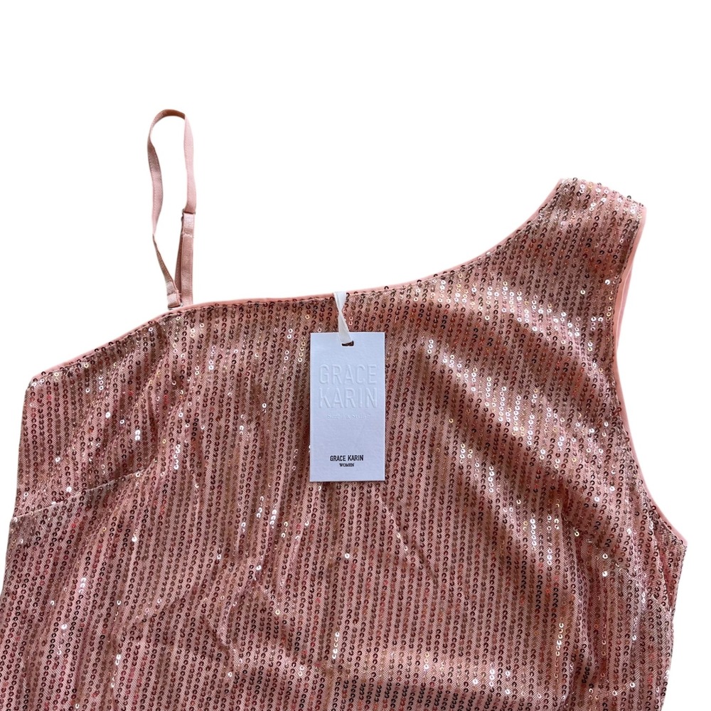 Grace Karin Women's L Light Pink Sequin One Shoulder Sleeveless Tank Party Fancy